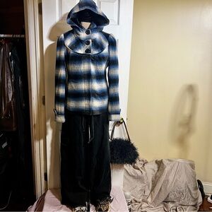 Mavi Wms Y2K Plaid Flannel Wool Blend‎ Hooded Mock Neck Preppy Casual Jacket S